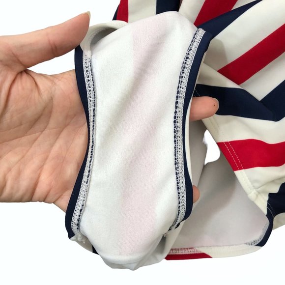 Cabana del Sol Red White Blue Striped Low Cut Back Sleeveless One Piece Swimsuit - Picture 5 of 5